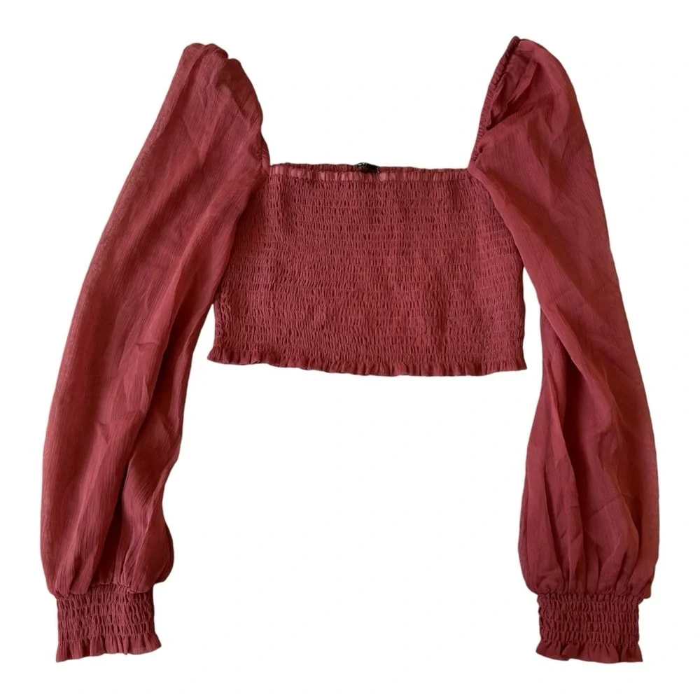 12th Tribe Ruched Sheer Sleeve Ruffle Blouse small